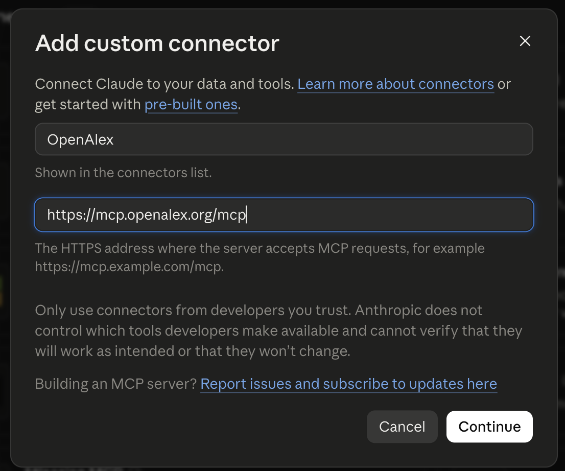 The "Add custom connector" dialog with OpenAlex as the name and the address filled in