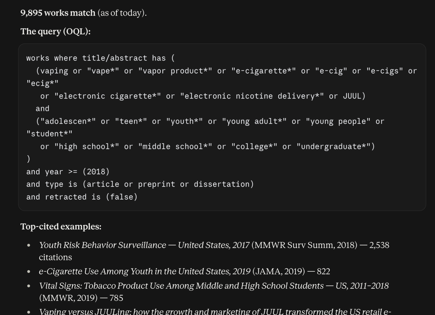 Claude's answer: a count, sample papers, and the OQL query it built