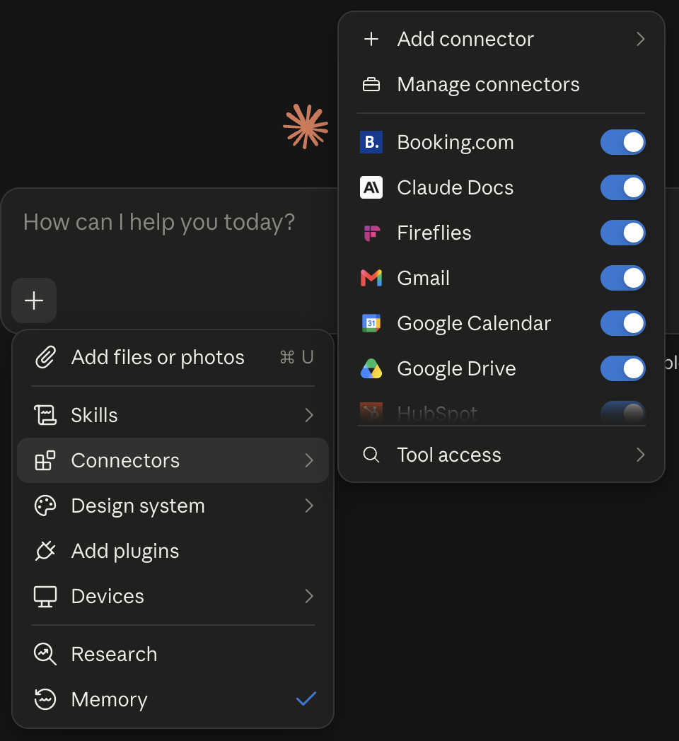 The + menu in a Claude chat, showing the Connectors list with on/off switches
